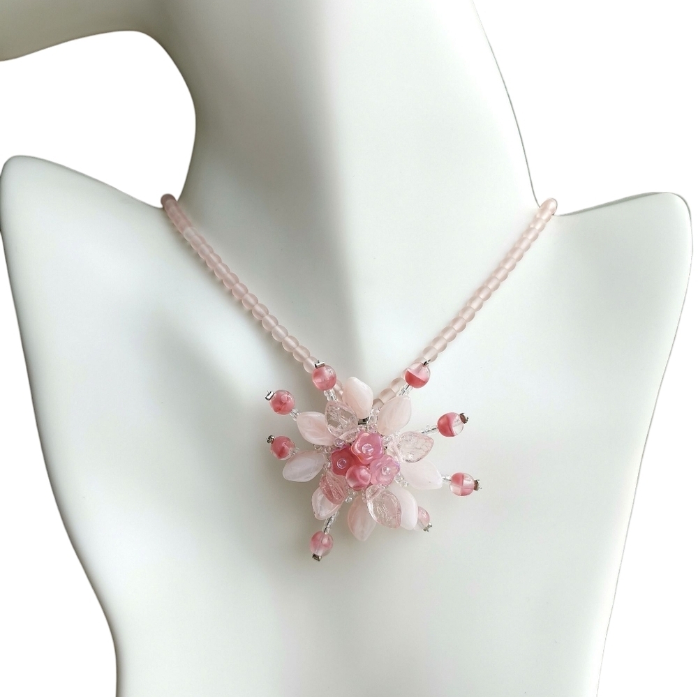 Vintage Czech pink flower necklace fire polished beads